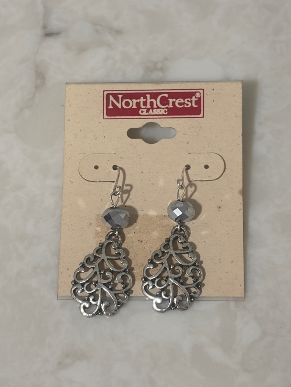 Northcrest Silver-Tone Filigree Teardrop Earrings with Faceted Gray Bead